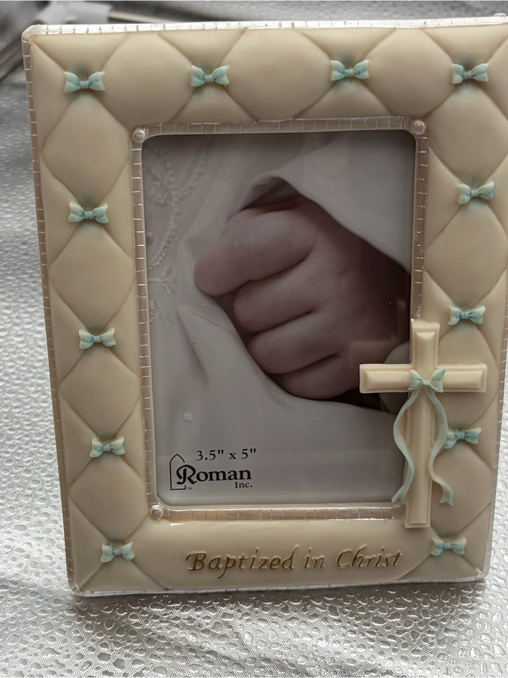Roma Baptism Keepsake Frame in Cream with Light Blue Bows
